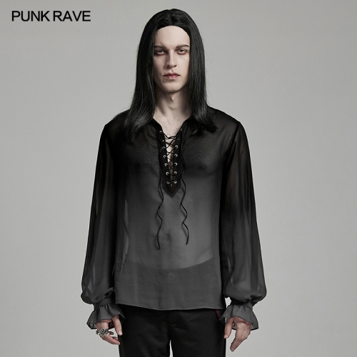 Punk Rave Gentleman Lantern Sleeves Classic Velvet Webbing Drawstring Gradient Color Goth Chiffon Shirt
