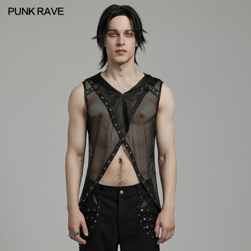 Punk Rave Sexy Hollow Out Design Unique Two-Piece Mesh Punk Hooded Gothfashion Vest