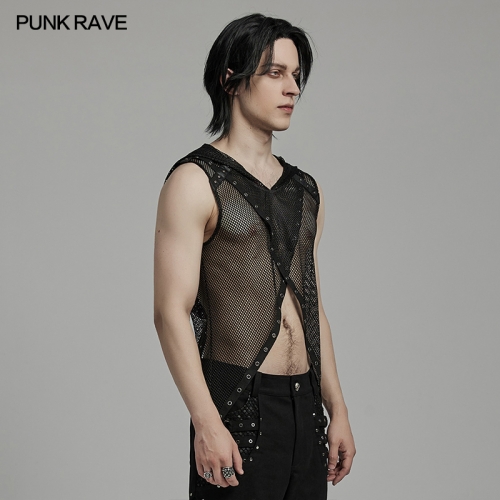 Punk Rave Sexy Hollow Out Design Unique Two-Piece Mesh Punk Hooded Gothfashion Vest