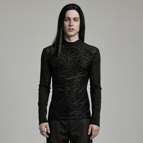 Punk Rave WT-907TCM Dark Style Comfortable Elastic Flocked Mesh Long Sleeved Goth T-Shirt