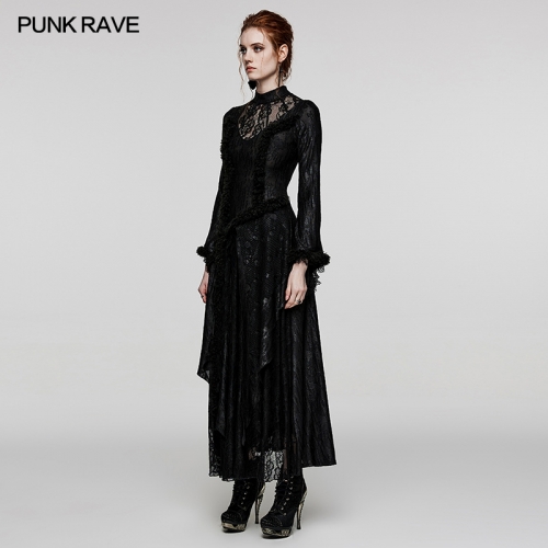 Punk Rave V-Shaped Hollows Multiple Layers Elastic Texture Knit Fabric And Lace Goth Long Dress