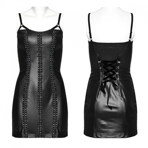 Rivet Webbing Slim Fit Punk Black Darkness Sexy PU Dress
