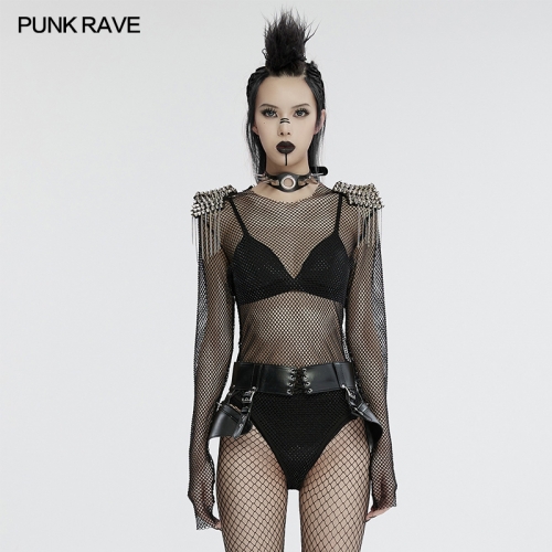 Punk Rave WT-957TCF One piece style elastic hot fix rhinestone mesh Punk sexy mesh bodysuit
