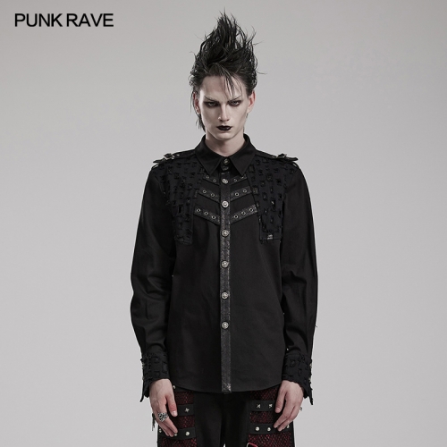 Punk Rave WY-1552CCM Trim On Shoulders Metal Skull Buckle Punk Decadent Long Sleeve Shirt