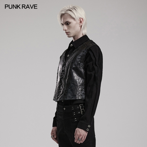 Punk Rave Exquisite Buttons V-Neck Rubberized Suede And Leather Goth Printed Waistcoat