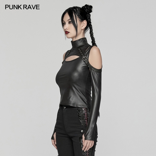 Punk Rave Two-Piece Elastic Rubberized Knitted Fabric Punk Two-Piece Set T-Shirt