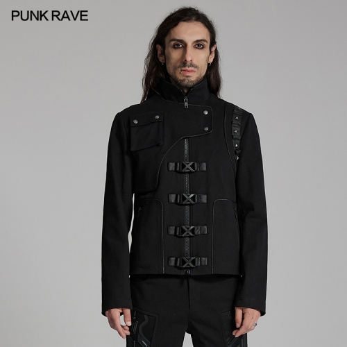 Punk Rave Deconstructed Stand Collar And Placket Cyberpunk Deconstruction Jacket