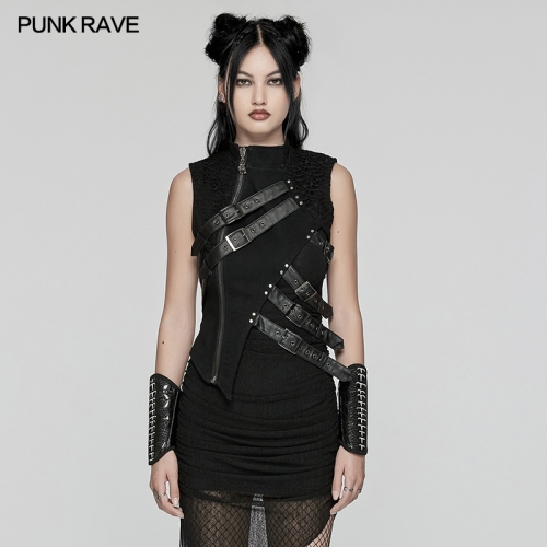 Punk Rave WY-1647MJF Irregular Perforated Mesh Asymmetric Hollow Design Punk Asymmetric Hollow Sleeveless Coat