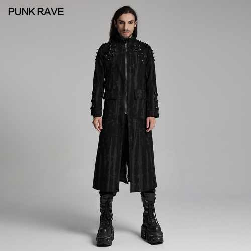 Punk Rave WY-1487XCM 3D Shoulder Rope Splicing Hollow Mesh Doomsday Punk Printed Long Jacket