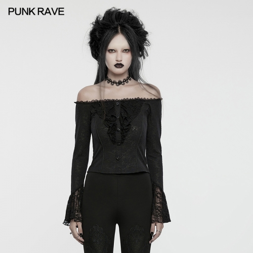 Punk Rave WT-921TCF Sexy Off-Shoulder Collar Rose Knit Fabric And Lace Goth Off-Shoulder Ruffles T-Shirt