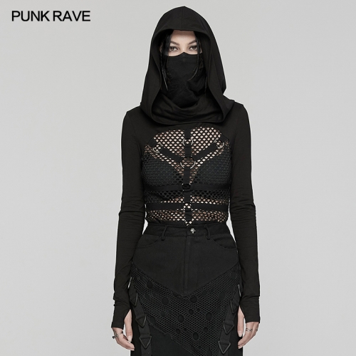 Punk Rave WT-916TCF Cool Ear Hanging Mask-Style High Collar Punk Sexy Hooded T-Shirt