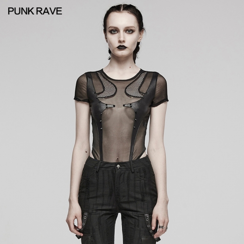 Punk Rave WT-845TDF Creative Mesh Splicing Structure Detachable Snap Punk Sexy Mesh Bodysuit
