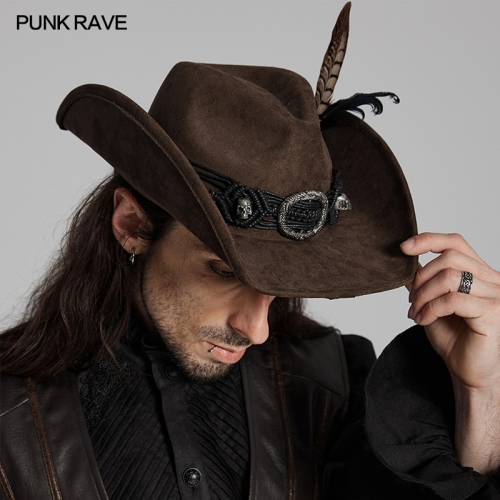 Punk Rave WS-746MZM Classic Retro Skull High-Quality Suede Punk Western Cowboy Hat