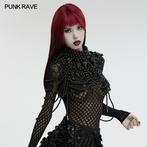 Punk Rave WS-739LHF Adjustable Tightness Simulated Pearls Gothic Skull Beaded Neck Cover