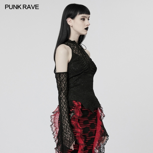 Punk Rave WT-758TCF Irregular Flared Cuffs Sexy Hollow Out Drawstring Design Goth Sexy Lace T-Shirt