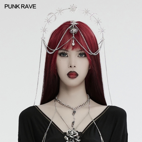 Punk Rave WS-734FSF Exquisite Crystal Pendant Chains Gothic Star Moon Sun Headwear