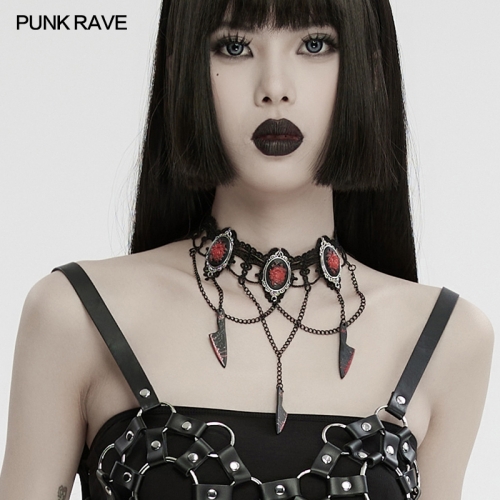 Punk Rave WS-733LHF Gorgeous Rose And Silver Plated Romantic Gothic Red Rose Blade Choker