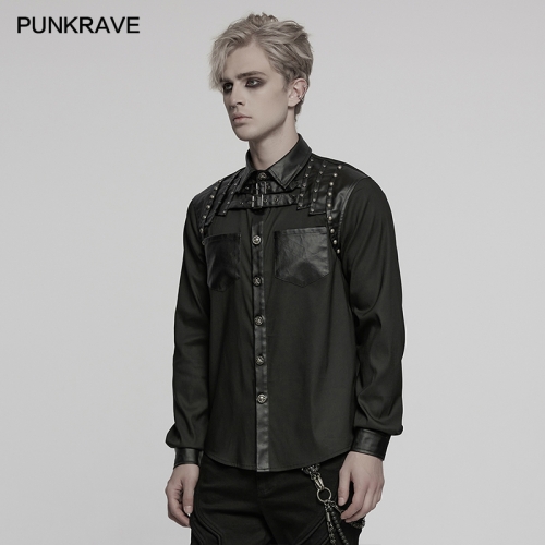 Punk Rave WY-1774CCM Patchwork Design On Shoulders With Rivets Punk Handsome Street Men's Shirt