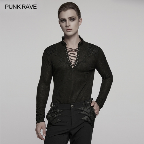 Punk Rave WT-1015TCM Ruffled Stand Collar Goth Dark Jacquard Long Sleeve T-Shirt