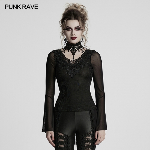 Punk Rave WT-1019TCF Gorgeous And Elegant Elastic Flocked Knitted Fabric Lace And Mesh Gothic T-Shirt