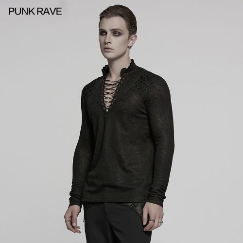 Punk Rave WT-1015TCM Ruffled Stand Collar Goth Dark Jacquard Long Sleeve T-Shirt