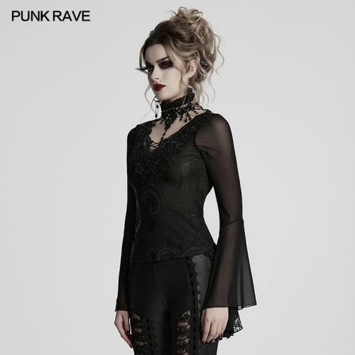 Punk Rave WT-1019TCF Gorgeous And Elegant Elastic Flocked Knitted Fabric Lace And Mesh Gothic T-Shirt
