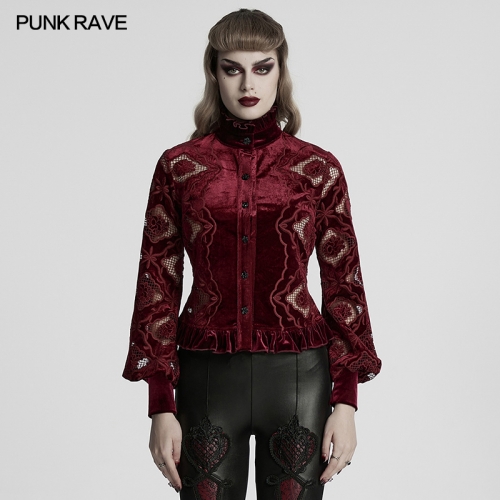 Punk Rave WY-1732CCF Luxurious Textured Hollow Flower Shaped Fabric Adjustable Drawstring Retro Embroidered Velvet Shirt