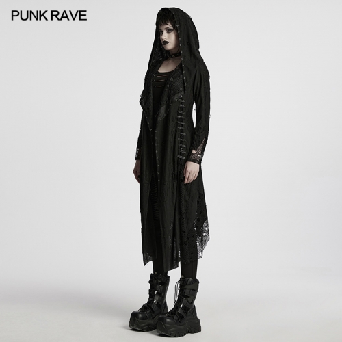 Punk Rave WY-1713XCF Asymmetric Hem Mesh Splicing Design Gothic Decadent Asymmetric Knitted Coat
