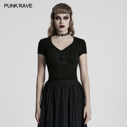 Punk Rave WT-1013TDF Exquisite Decal Soft Elastic Knitted Fabric Gothic V-Neck T-Shirt
