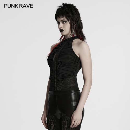 Punk Rave WT-1012TDF Cool And Exquisite Neck Gothic Pleated Halter Neck Top