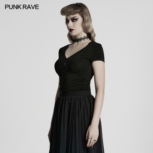 Punk Rave WT-1013TDF Exquisite Decal Soft Elastic Knitted Fabric Gothic V-Neck T-Shirt