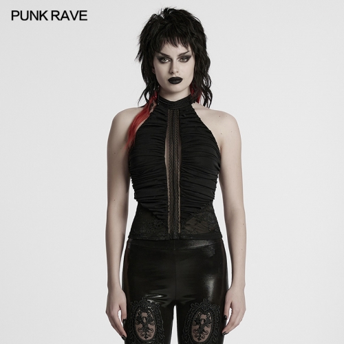 Punk Rave WT-1012TDF Cool And Exquisite Neck Gothic Pleated Halter Neck Top