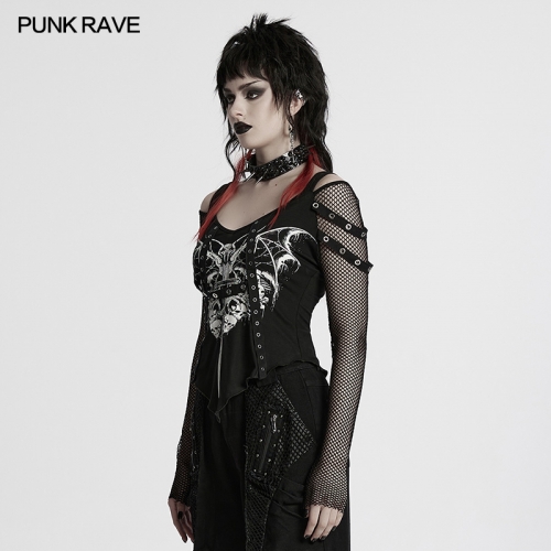 Punk Rave WT-976TCF Off Shoulder And V-Neck Design Punk Printed T-Shirt