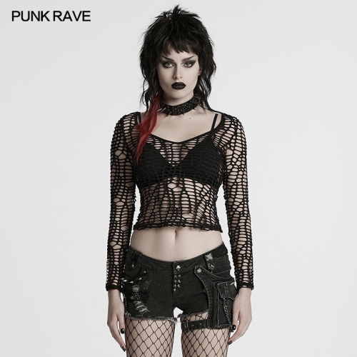 Punk Rave WT-985TCF Sexy Hollow Out Deep-V Design Sexy Punk Mesh T-Shirt