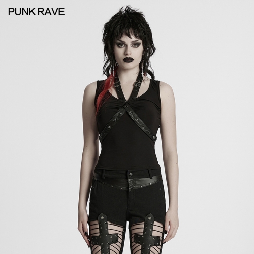 Punk Rave WT-962BXF Unique Style Cross Faux Leather Loop Punk V-Neck Cross Loop Vest