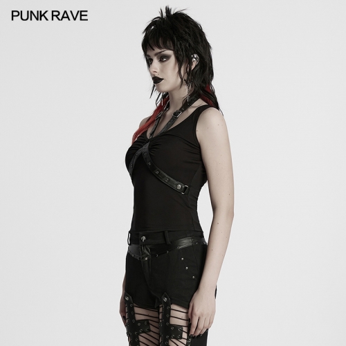 Punk Rave WT-962BXF Unique Style Cross Faux Leather Loop Punk V-Neck Cross Loop Vest