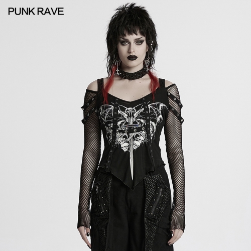 Punk Rave WT-976TCF Off Shoulder And V-Neck Design Punk Printed T-Shirt