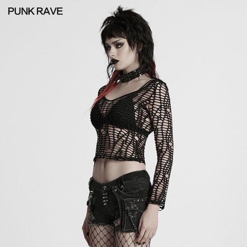 Punk Rave WT-985TCF Sexy Hollow Out Deep-V Design Sexy Punk Mesh T-Shirt
