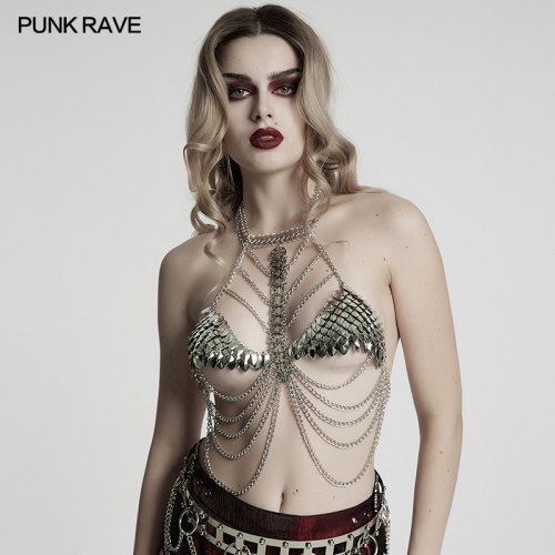 Punk Rave WS-777QTF Halter Neck Design Multi Chains Stacking Metal Scale Chest Chain
