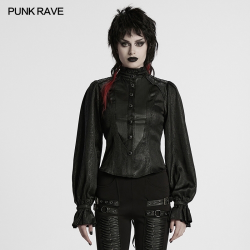 Punk Rave WY-1712CCF Ruffled Edges And Bubble Sleeve Design Stand Up Collar Gothic Patterned Shirt