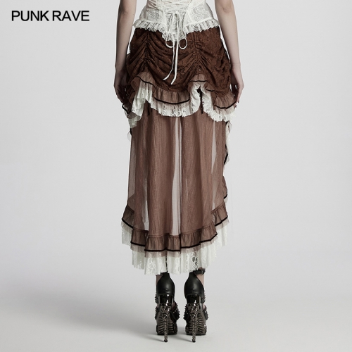 Punk Rave WQ-868BQF Lace And Ruffled Chiffon Classic High-Low Style Gothic Asymmetrical Lace Skirt