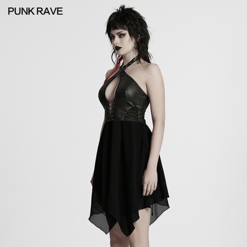 Punk Rave WQ-867LQF Graceful Chiffon Hem Sexy Large Hollow Chest Punk Halter Neck Dress