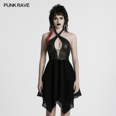 Punk Rave WQ-867LQF Graceful Chiffon Hem Sexy Large Hollow Chest Punk Halter Neck Dress