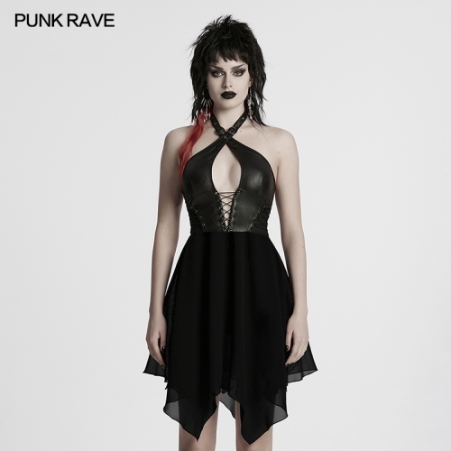 Punk Rave WQ-867LQF Graceful Chiffon Hem Sexy Large Hollow Chest Punk Halter Neck Dress