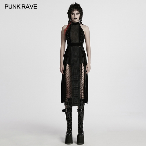 Punk Rave WQ-825LQF High-Quality Elastic Velvet And Mesh Gothic Sexy Long Dress