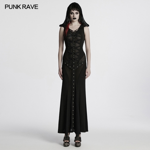 Punk Rave Sexy Mesh Splicing And Hooded Design Punk Hooded Visual Dress