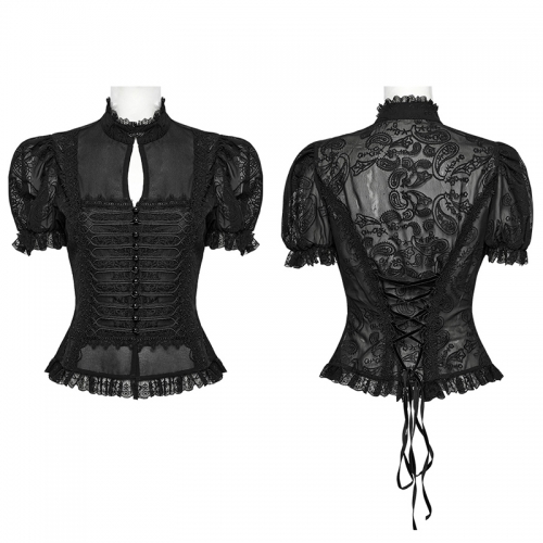 Punk Rave WY-1759CDF Gorgeous Lace Combo Bubble Sleeves And Cinching Waist Gothic Gorgeous Chiffon Shirt