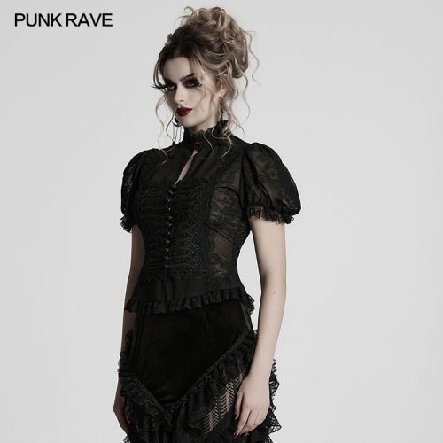 Punk Rave WY-1759CDF Gorgeous Lace Combo Bubble Sleeves And Cinching Waist Gothic Gorgeous Chiffon Shirt