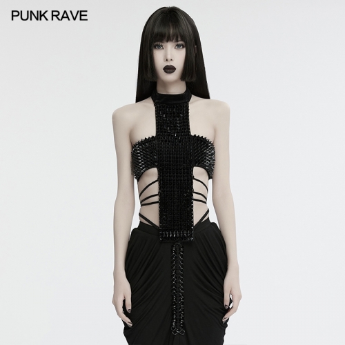 Punk Rave WS-716OTF Avant-Garde And Futuristic Gothic Cross Halter Top