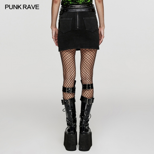 Punk Rave WQ-657BQF Skull Cross Printing Rubberised Detachable Belt Sexy Skirt